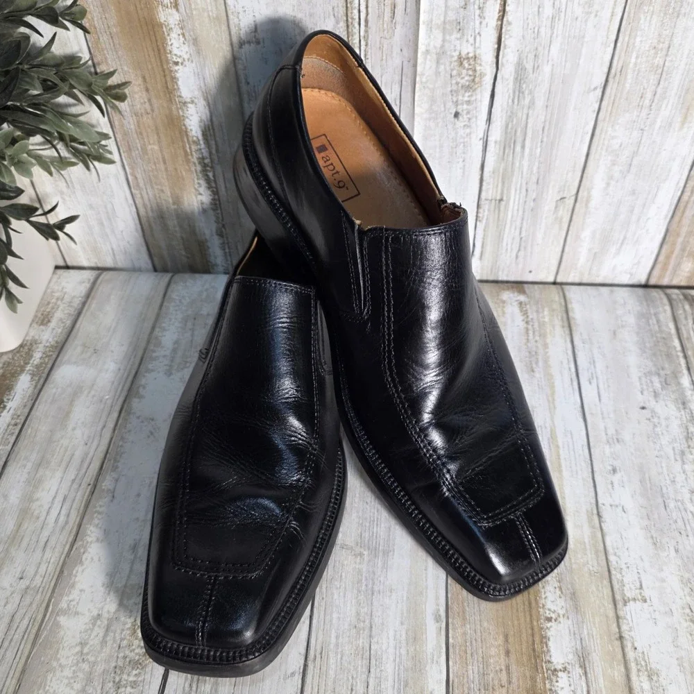 Apt 9 Walker Mens Black Leather Slip On Square Toe Dress Loafers Shoes 9.5 M
